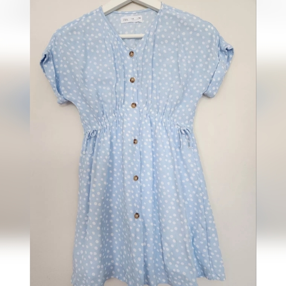 ZARA GIRLS BLUE WHITE POLKA DOT ELASTIC WAIST LIGHT DRESS SZ.8 - Picture 1 of 10